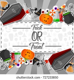 Vector illustration of Halloween banner with flat icons stickers on gray background