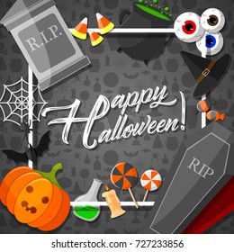 Vector illustration of Halloween banner with flat icons stickers on black background