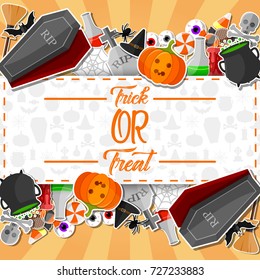 Vector illustration of Halloween banner with flat icons stickers on orange background