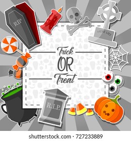 Vector illustration of Halloween banner with flat icons stickers on gray background