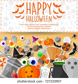 Vector illustration of Halloween banner with flat icons stickers on orange background