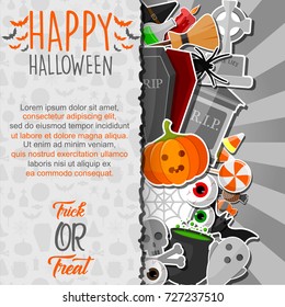 Vector illustration of Halloween banner with flat icons stickers on gray background