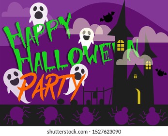 Vector illustration of Halloween banner with ghosts and haunted house