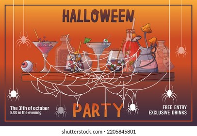 Vector illustration for Halloween banner. Shelf with scary drinks, mushrooms with web and spiders. Background for party invitation, greeting cards, poster, banner. 