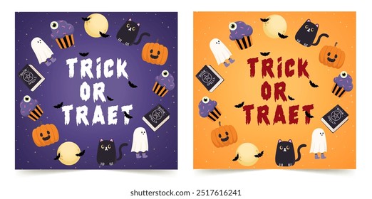 A Vector illustration of Halloween banners featuring "Trick or Treat" text surrounded by festive icons like pumpkins, ghosts, and bats in vibrant colors.