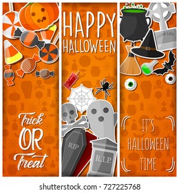 Vector illustration of Halloween banners with flat icons stickers on orange background