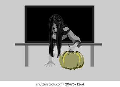 Ilustración vectorial para Halloween basada en la película The bell. El cadáver de una chica ahogada sale del televisor en la mano de una calabaza. Ella tiene el pelo largo negro que cubre su cara.