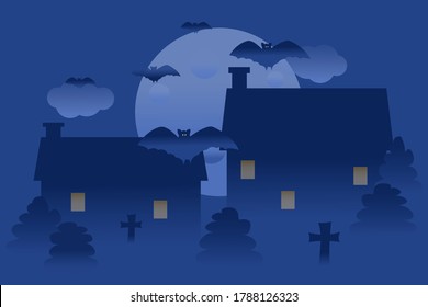 Vector illustration of Halloween with bats, moon, cross. Postcard for celebration. Background illustration for web design.Illustration for celebration decoration design. Cartoon vector illustration
