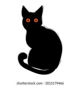 Imagen vectorial del gato de brujas negras de Halloween. Silueta de gato negro con ojos anaranjados. Ilustración vectorial aislada sobre fondo blanco.