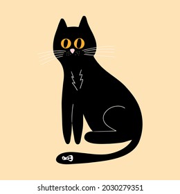 Vector illustration for Halloween, a black cat with yellow eyes and a skull on its tail in a flat style. Illustration for postcards, posters, T-shirt prints, holiday decor