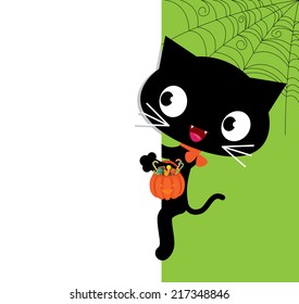 Vector illustration of halloween black cat holding a basket of candy peeking from behind a white banner