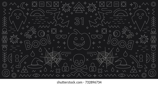 vector illustration of Halloween black and white horizontal banner if flat line style