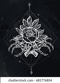 Vector illustration. Halloween. Bones with peony. Handmade, prints on T-shirts, background chalkboard, tattoos. sacred geometry