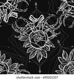 Vector illustration. Halloween. Bones with peony. Handmade, prints on T-shirts, background dark, tattoos. sacred geometry. seamless pattern