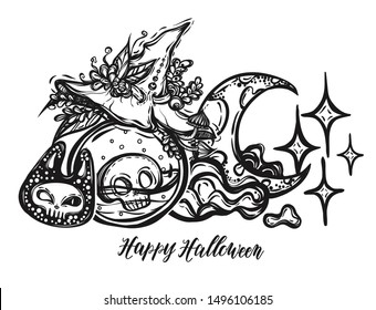 Vector illustration, Halloween, bottles of potion, witch hat, moon with stars, mystic, witchcraft. handmade, prints, tattoo
