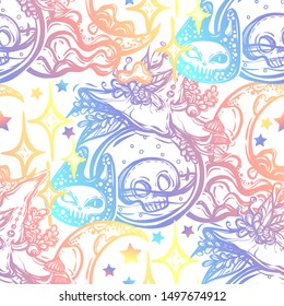 Vector illustration, Halloween, bottles of potion, witch hat, moon with stars, mystic, witchcraft. handmade, prints, seamless pattern, background light