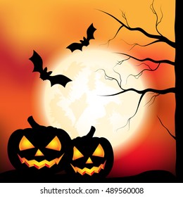 vector illustration of halloween card with pumpkin, bats, tree and moon