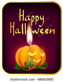 Vector illustration halloween card of smiley pumpkin with candle flame