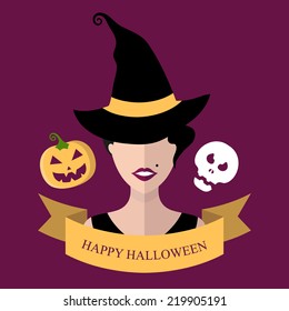 Vector illustration Halloween card with witch in hat, pumpkin, skull, ribbon and text Happy Halloween in flat style