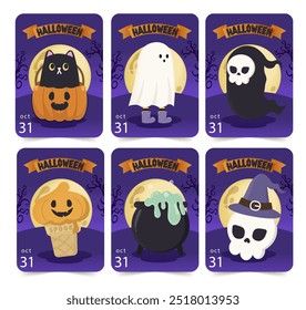 Vector illustration of Halloween cards featuring playful characters like ghosts, pumpkins, and skulls, perfect for holiday greetings and festive decorations.