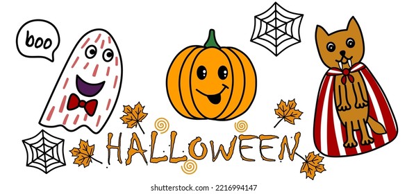 Vector illustration. Halloween cartoon characters, ghost, pumpkin, vampire cat isolated on white background, the inscription "Halloween".  Halloween celebration concept
