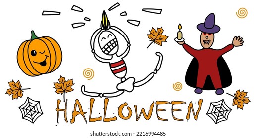 Vector illustration. Halloween cartoon characters, skeleton, pumpkin, dracula, isolated on white background, inscription "Halloween". Halloween celebration concept
