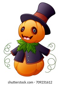 Vector illustration of Halloween cartoon scarecrow with pumpkin head
