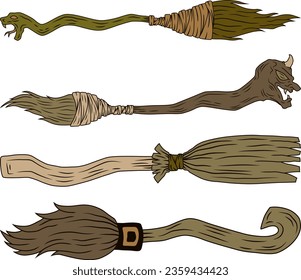 Vektorgrafik halloween Cartoon Set Broom Hexe. Vektorgrafik-Set halloween cartoon-line art. Vektorgrafik-Zeichentrickset Broom witch.