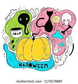 Vector illustration of Halloween. The cartoon style. Drawing by hand. Elements for Halloween in vector format.