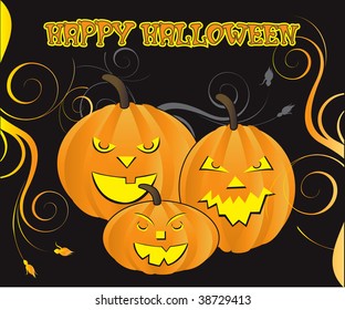 Vector Illustration for Halloween Carved Pumpkins with decorative scroll background. Can be used as a poster or greeting card and for web or print