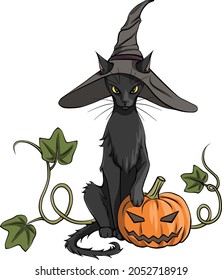 Vector illustration of  Halloween cat. Black cat in a witch hat sitting next to the pumpkin (Jack-o'-lantern)