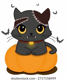 Ilustración vectorial del gato de Halloween en la calabaza
