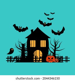 Vector illustration for Halloween celebration. Haunted house near bats, pumpkins and ghosts