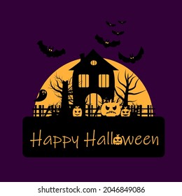 Vector illustration for Halloween celebration. Haunted house near bats, pumpkins and ghosts
