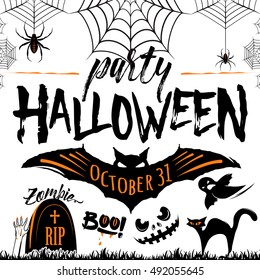 Vector illustration of halloween celebration poster. Halloween party greeting card with bat, spider, cat, zombie hand, web, ghost. Retro halloween invitation template for party posters, flyers