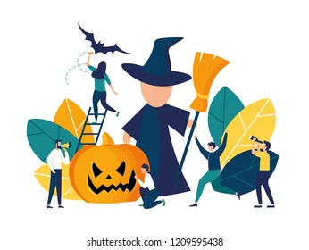 Vector illustration, Halloween celebration, preparation and decoration for the holiday, a big pumpkin, an invitation to a party