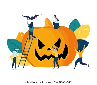 Vector illustration, Halloween celebration, preparation and decoration for the holiday, a big pumpkin, an invitation to a party