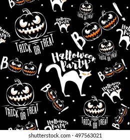 Vector illustration of halloween celebration seamless background. Halloween greeting endless pattern with cat, pumpkin, sign boo isolated on black. Retro invitation template for posters, wallpaper