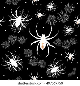 Vector illustration of halloween celebration seamless background. Halloween greeting endless pattern with spider, web isolated on black. Retro invitation template for posters, wallpaper