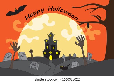 Vector illustration of halloween celebrations. The hands of the zombies are rising from the grave