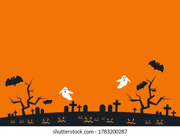Vektorgrafik für Halloween. Ein Friedhof mit Gespenstern und Vampir-Fledermäusen. Oben befindet sich ein leerer Kopienraum oder Leerraum für Text