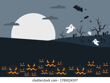 Vector illustration for halloween. A cemetery with ghosts and vampire bats. Below are the evil pumpkins