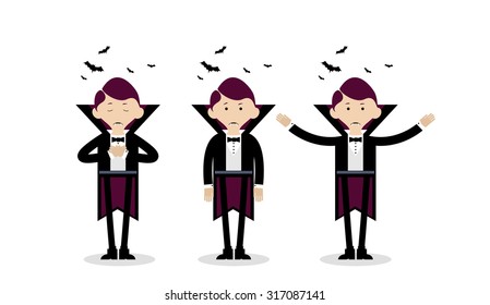 Vector illustration of the Halloween character.
Image of the Vampire in three different body positions.
Dracula is sleeping, standing still and waving.