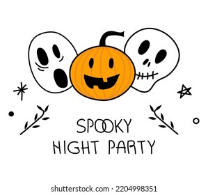 Vector illustration Halloween characters or creepy avatar on 31 October with phrase SPOOKY NIGHT PARTY.  