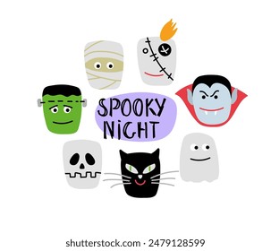 Vector illustration Halloween characters or creepy avatar on 31 October with phrase SPOOKY NIGHT PARTY. 