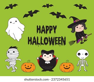 Vector illustration of Halloween characters with Happy Halloween message