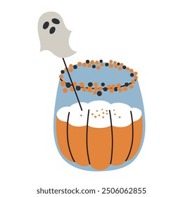 Vector illustration of Halloween cocktail decorated with ghost, pumpkin patch beverage with spice. Spooky glass with punch for gothic celebrations and parties. Alcohol drink in flat, cartoon style
