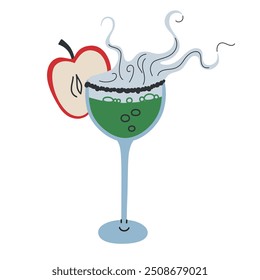 Ilustración vectorial de cóctel de Halloween con hielo seco, bebida misteriosa de manzana venenosa para fiestas de terror, bebida burbujeante verde espeluznante con vapor, ponche o sangría en copa de vino, icono de mixología