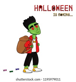 Vector Illustration of Halloween is coming with Frankenstein. A little boy looks like Frankenstein. Template for Postcards, Posters, Banners and etc