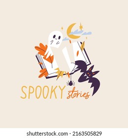 Vector illustration halloween composition.Horror Helloween book with bat and ghost. Fall lettering